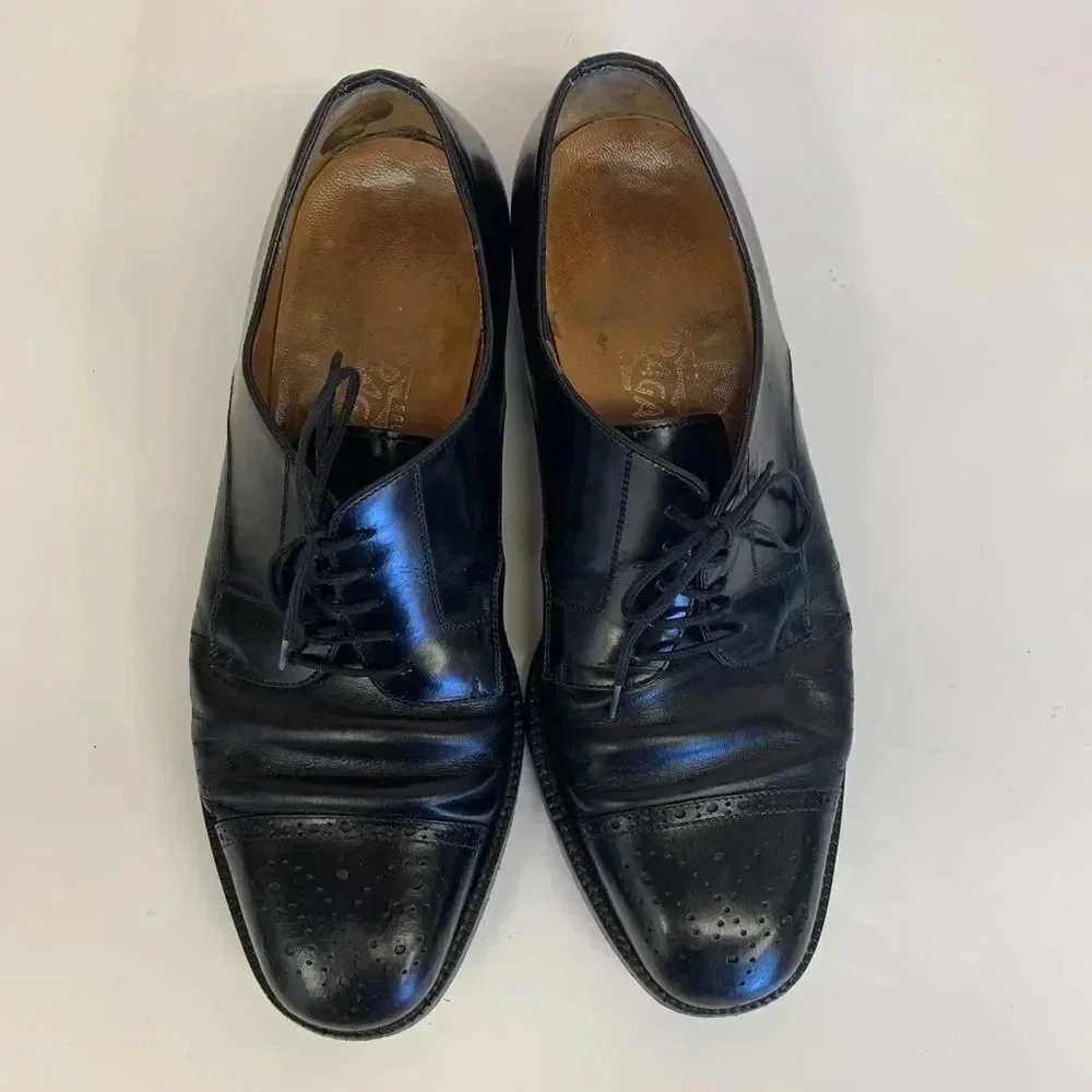 Ferragamo Loafers Oxfords Dress Formal Shoes Leather Lace Up Black Size 7.5